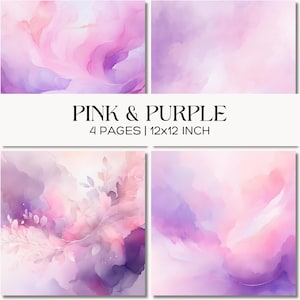 Puede incluir: Cuatro imágenes cuadradas con fondos de acuarela en tonos rosa y morado. El texto "PINK & PURPLE" se muestra encima de las dimensiones "4 PAGES | 12x12 INCH". Las imágenes tienen una estética suave y soñadora, con mezclas de colores fluidas.