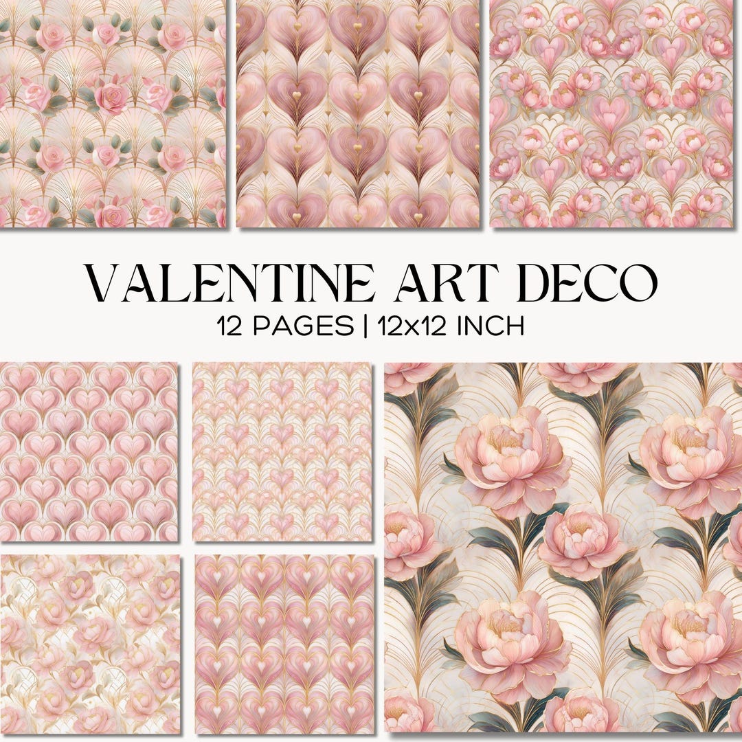 Art Deco Patterns, Pink and Gold Valentine's Digital Paper ...