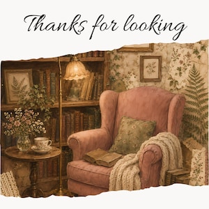 May include: A dusty rose wingback chair with a cream knit throw blanket and a green floral pillow, positioned next to a wooden side table with a teacup, a vase of flowers, and a floor lamp, in front of a bookshelf with the text Thanks for looking.
