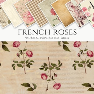 Französische Rosen Digital Paper Pack, Vintage Floral Scrapbook Hintergründe, Rosen Muster für die Kartenherstellung, Journals, Instant Download