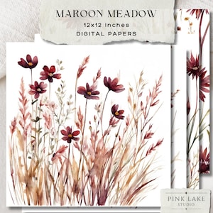 Papel digital Maroon Meadow, fundos de aquarela com flores silvestres, estampas florais em bordô, diário de recortes para imprimir, pacote de páginas de scrapbook com flores