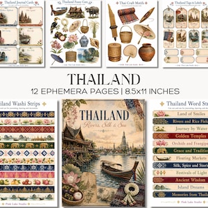 Puede incluir: Un conjunto de 12 páginas de efímera de 21,6x27,9 cm con tarjetas de diario, recortes, motivos artesanales, etiquetas, tiras washi y tiras de palabras con temática de Tailandia, incluyendo ilustraciones de templos, barcos y flores.