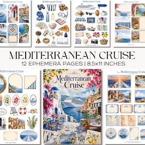 Puede incluir: Un conjunto de 12 páginas de efímeros Mediterranean Cruise de 21,6x27,9 cm, con ilustraciones en acuarela de cruceros, arquitectura costera, elementos náuticos, limones, flores, mapas y etiquetas decorativas con temática de viajes.