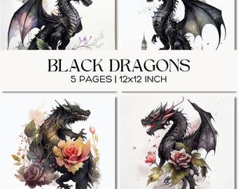 Dark Fantasy Dragon Art Prints, Gothic Watercolor Illustrations, Black Dragon Watercolour Junk Journal Pages, Scrapbook Ephemera