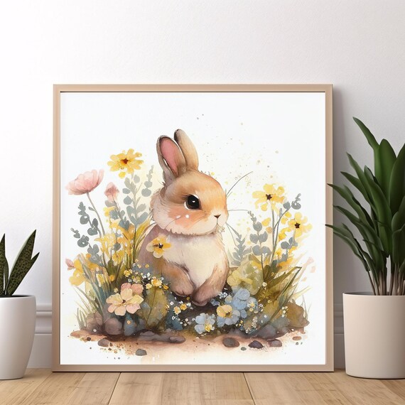 Cute Bunny Printable Wall Art, Watercolour Baby Rabbits With