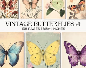 Vintage Butterfly Junk Journal Kit, Antique Collage Butterfly Ephemera, Botanical Scrapbook Paper