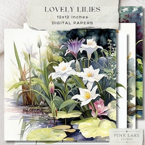 Watercolour Lilies, Lily Garden Flowers, White Lily, Yellow Lily, Landscape Art, Lily Print, Lily Wall Art, Lily Background, Commercial Use