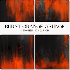 Puede incluir: Cuatro impresiones de arte digital de 30,48 cm x 30,48 cm con un diseño grunge en naranja quemado y negro. El texto "BURNT ORANGE GRUNGE" se muestra encima de las impresiones.