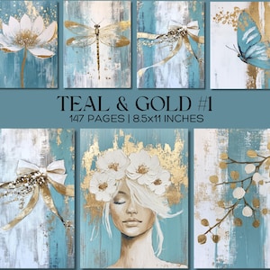 Goldfarbene Junk Journal Seiten, Vintage Mixed Media Ephemera, druckbares Scrapbook Papier, Goldfolie ästhetischer Boho Digital Collage Hintergrund