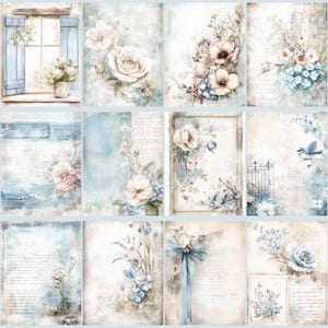 May include: A collection of twelve vintage-style scrapbook papers. Each paper features floral designs in soft pastel colors, including roses, hydrangeas, and other flowers. The papers have a distressed, aged look with faded text and watercolor effects, perfect for crafting.