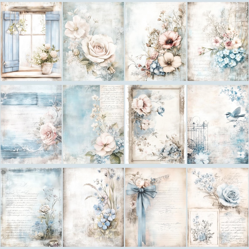 May include: A collection of twelve vintage-style scrapbook papers. Each paper features floral designs in soft pastel colors, including roses, hydrangeas, and other flowers. The papers have a distressed, aged look with faded text and watercolor effects, perfect for crafting.