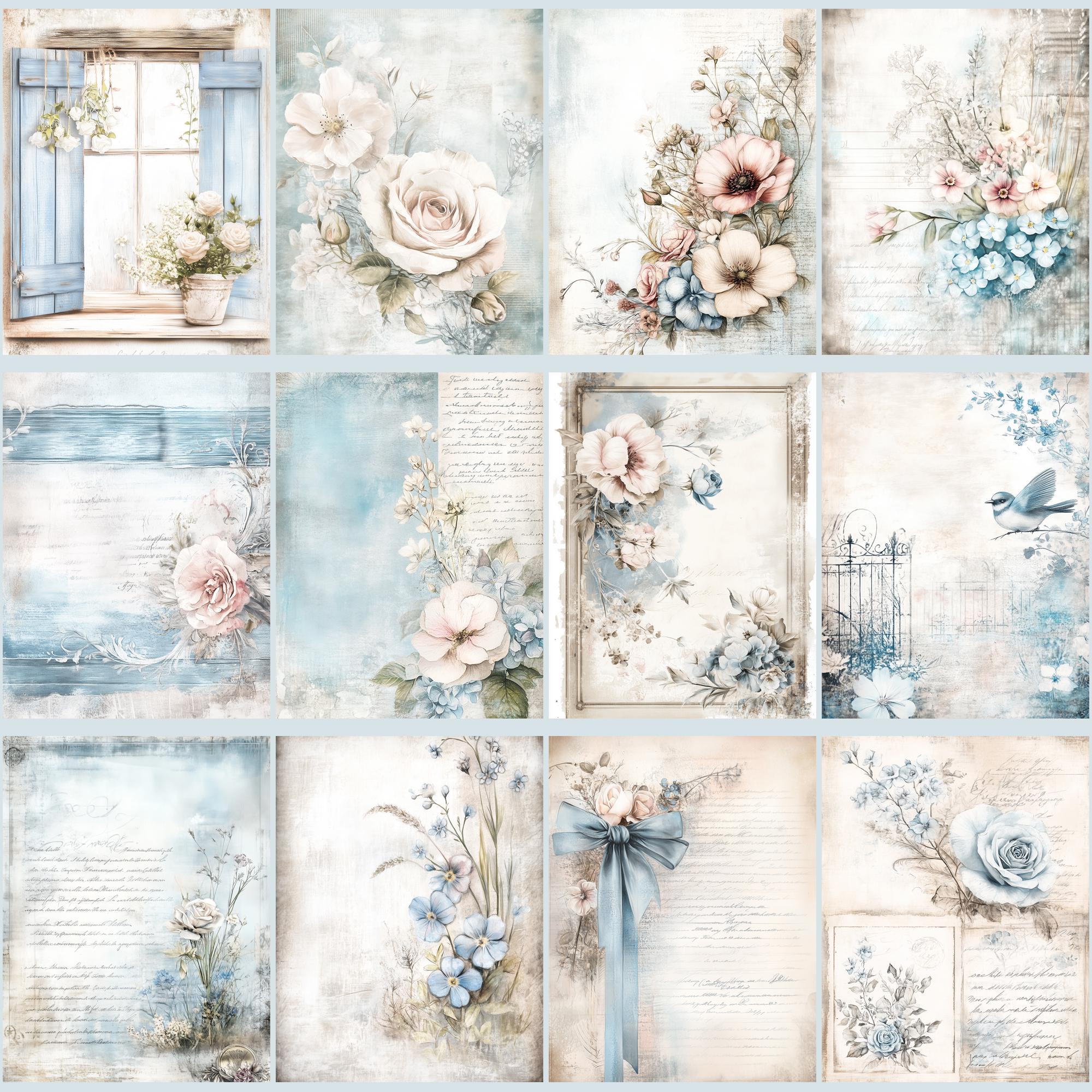 Blue Shabby Chic Junk Journal Kit, Vintage Floral Scrapbook Paper ...
