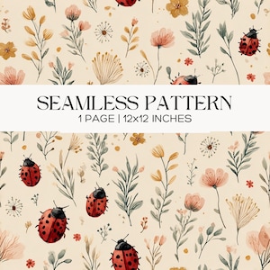 May include: Seamless pattern featuring a repeating design of flowers, leaves, and ladybugs in shades of pink, yellow, and green on a cream background. The text "SEAMLESS PATTERN" is displayed above "1 PAGE | 12x12 INCHES".