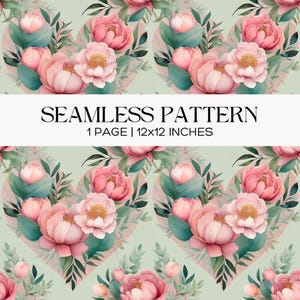 Puede incluir: Patrón sin costuras con peonías rosas y hojas verdes en forma de corazón sobre un fondo verde claro. El texto "SEAMLESS PATTERN" está encima de "1 PAGE | 30x30 cm".