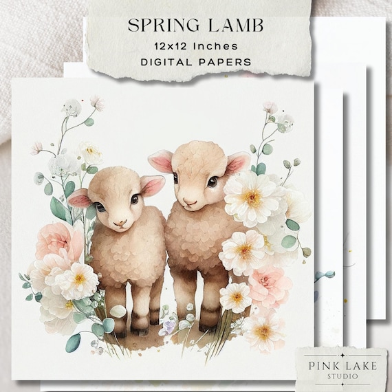 Watercolor Spring Lamb Clipart, Floral Crown, Nursery Decor (Digital Download)