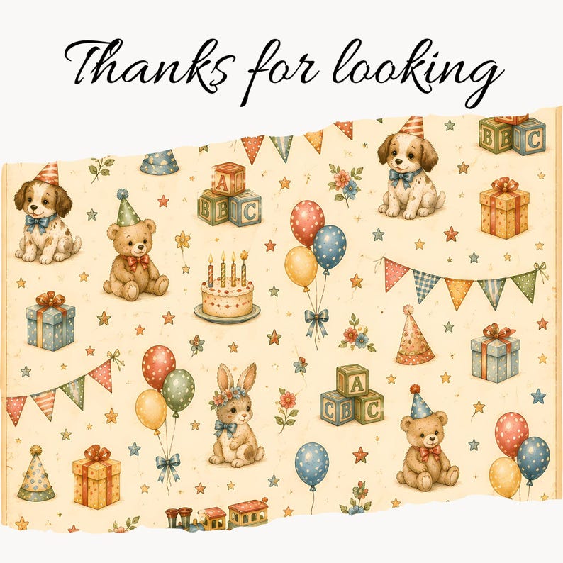 Pu&ograve; includere: Una carta a motivi color crema con illustrazioni di cuccioli, orsacchiotti e un coniglio con cappellini da festa, insieme a torte di compleanno, scatole regalo, palloncini, cubi dell'alfabeto e bandierine. Il testo recita Thanks for looking.