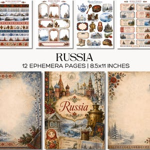 Pode incluir: Um conjunto de 12 páginas de efêmera de 21,6x27,9 cm com designs de temática russa, incluindo fitas washi, molduras, bilhetes e ilustrações de bonecas matrioskas, samovares, paisagens de inverno e arquitetura tradicional.