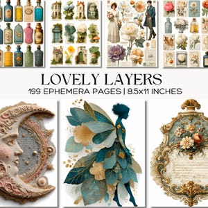 Op de afbeelding: Een collage van vintage ephemera pagina's met botanische illustraties, antieke flessen en feeërieke kunst. De tekst "LOVELY LAYERS" wordt weergegeven, samen met "199 EPHEMERA PAGINA'S | 21,6x28 cm". Het kleurenpalet omvat zachte pasteltinten en gedempte kleuren.