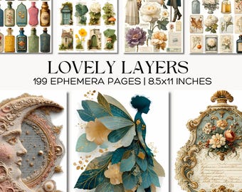 Vintage Ephemera-collageset, botanische uitsnijdingen, shabby-chique bloemen, sprookjesachtige silhouetkunst, dagboekelementen
