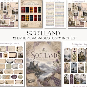 May include: A set of 12 ephemera pages with a Scottish theme, featuring labels, tags, and decorative elements. The designs include Scottish clan tartans, landscapes, and the word "Scotland." Each page measures 21.59 x 27.94 cm.