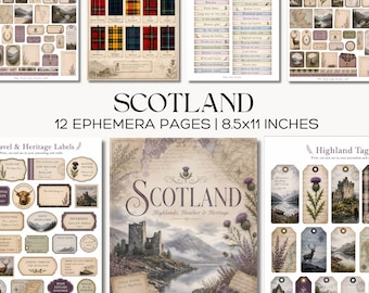 May include: A collection of 12 ephemera pages with a Scottish theme. The pages include labels, tags, and decorative elements featuring Scottish clan tartans, landscapes, and the text "Scotland." Each page measures 8.5x11 inches.