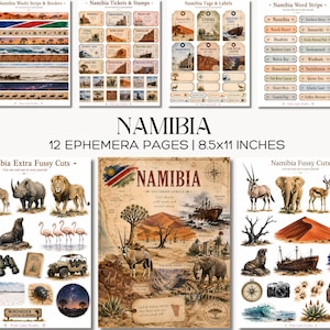 May include: A collection of 12 ephemera pages measuring 8.5x11 inches featuring Namibia-themed designs. The sheets include cut-out washi strips, tickets, stamps, tags, labels, word strips, and fussy cuts of African wildlife and landscapes.
