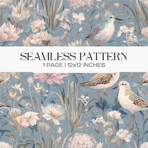 Soft Blue Bird Floral Seamless Pattern, Wildlife Illustration, Scrapbook, Papercraft, Junk Journal Digital Paper