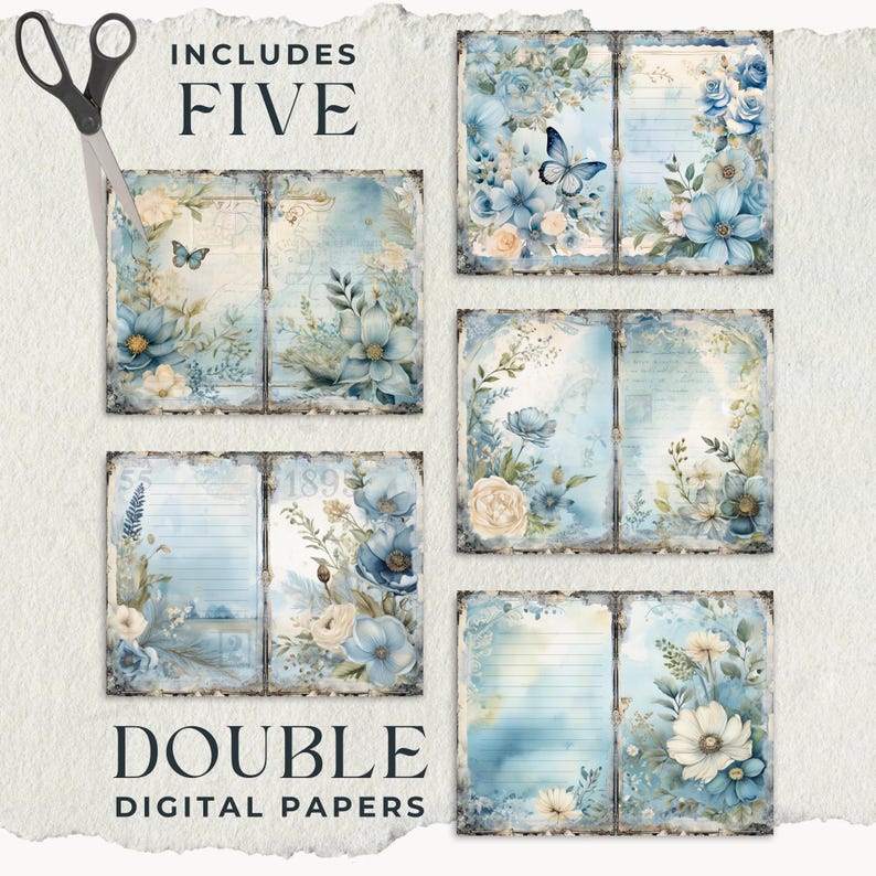 May include: Digital paper set featuring five double-page designs with a vintage aesthetic. Each design showcases blue floral arrangements, butterflies, and aged paper textures. The text includes "Includes Five" and "Double Digital Papers."