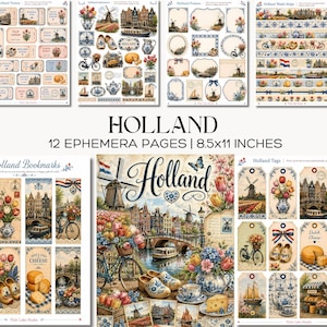 Holland Junk Journal Kit Druckbare niederländische Reise Ephemera Tulip Tags Windmühlenrahmen Vintage Scrapbook Papier