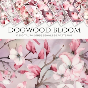 May include: Twelve digital papers featuring seamless patterns of pink and white dogwood blossoms on a light purple background. The text "DOGWOOD BLOOM" and "12 DIGITAL PAPERS | SEAMLESS PATTERNS" is displayed below the images.