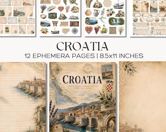Zestaw do dziennika „Chorwacja Junk Journal” – strony z pamiątkami z podróży po Adriatyku z etykietami, tagami i precyzyjnymi cięciami