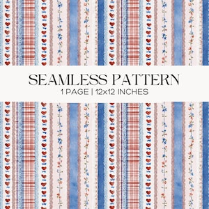 Folk Stripe Seamless Pattern, Floral Hearts Lace Gingham, Scrapbook, Papercraft, Junk Journal, Digital Paper