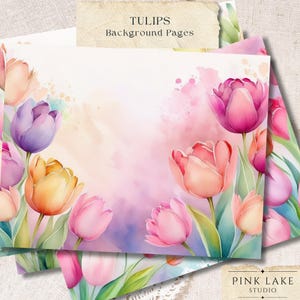 Tulip Digital Paper, Floral Junk Journal Pages, Printable Scrapbook Paper, Watercolor Flower Backgrounds, Mother's Day Paper, 8.5x11" JPG
