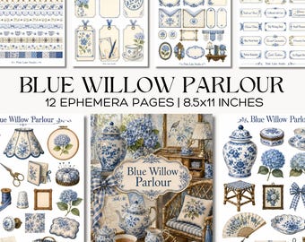Blue Willow Junk Journal Kit, Printable Chinoiserie Ephemera, Grandmillennial Hydrangea Floral Scrapbook Pages