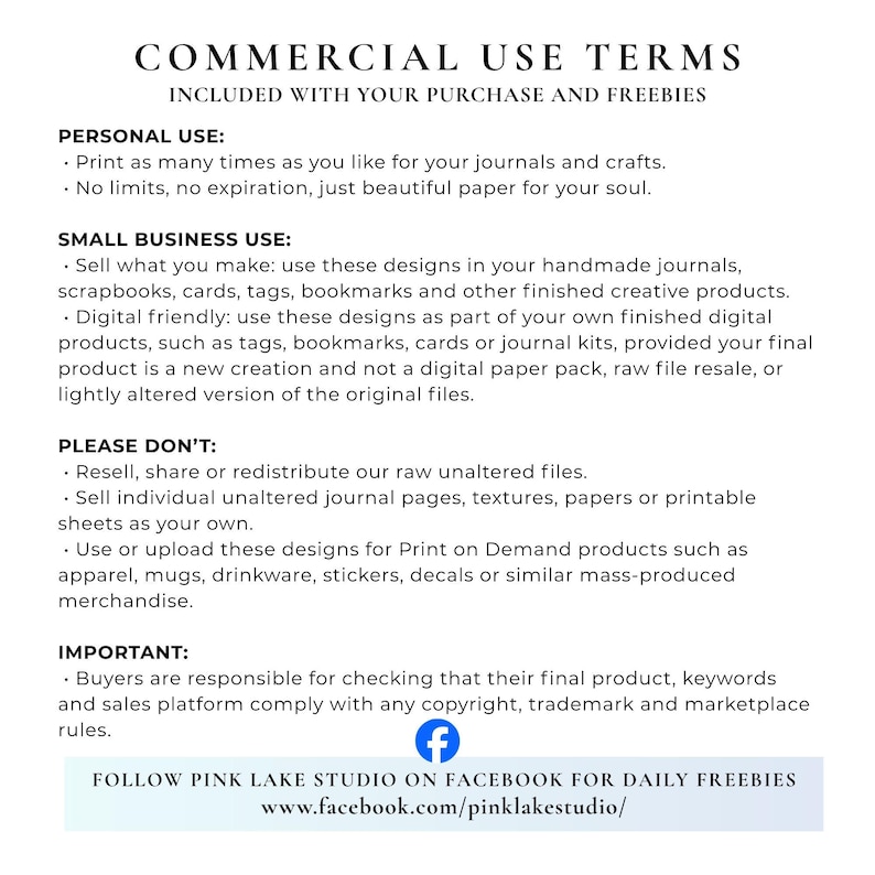May include: A document titled Commercial Use Terms with sections for Personal Use, Small Business Use, Please Don't, and Important. It outlines rules for printing, selling handmade items, and restrictions on reselling or redistributing digital files.