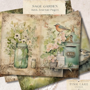 Paquet de papier numérique Sage Garden, éphémères vintage de jardin vert, pages de journal indésirable floral, kit de scrapbooking imprimable Cottagecore double page