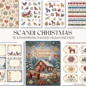 May include: A collection of 12 ephemera pages titled Scandi Christmas, measuring 8.5x11 inches. The pages feature festive illustrations of Dala horses, birds, hearts, stars, and winter landscapes in red, blue, and green on a cream background.