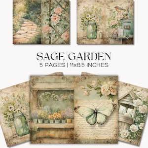 Può includere: Una collezione di cinque pagine di carta decorative a tema acquerello. Le pagine presentano scene di giardino con fiori, farfalle e un sentiero di pietra. Il testo "SAGE GARDEN" è visualizzato, insieme alle dimensioni: 27,9 x 21,6 cm.
