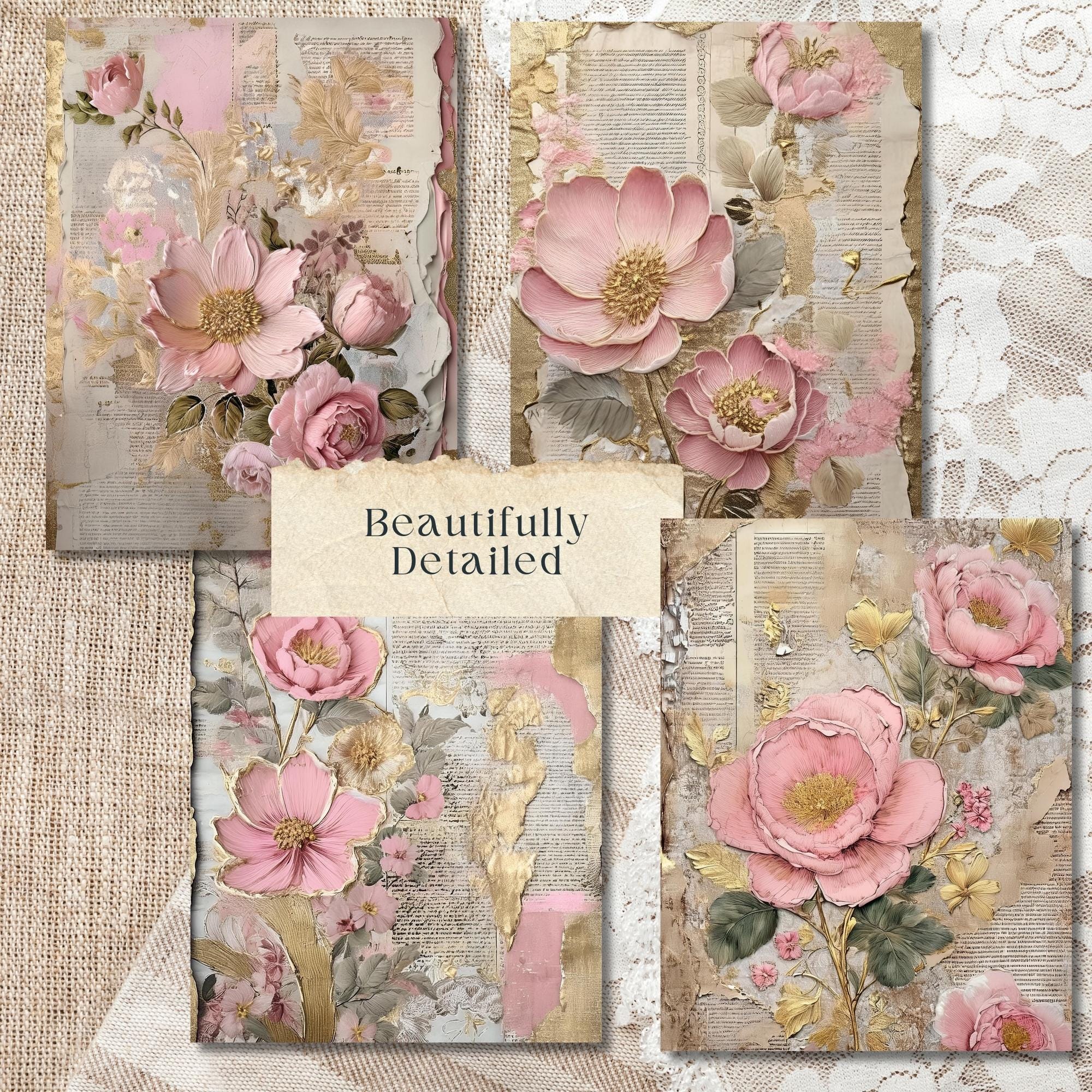 Rustic Pink Floral Junk Journal Pages – Shabby Chic Ephemera (digital ...