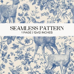 Blue Toile Deer Seamless Pattern, French Country Print, Scrapbook, Papercraft, Junk Journal Digital Paper