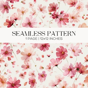 May include: A seamless pattern featuring pink and light pink cosmos flowers on a cream background. The image includes the text SEAMLESS PATTERN and 1 PAGE | 12x12 INCHES centred in a white horizontal band across the middle of the floral design.