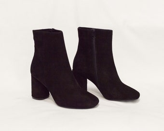 Women Black Genuine Suede High Heel Boots with Warm Inner Linning, Elegant Ankle Boots, Black Suede Ankle Booties, High Quality Footwear