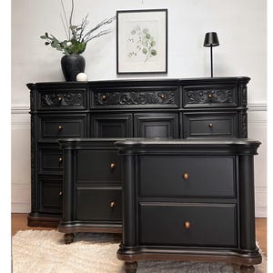 Sold Sold Beautiful Matte Black Dresser Credenza Cabinet and matching Nightstands End Tables