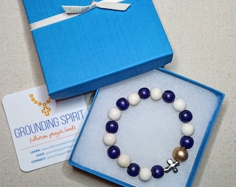 Lord's Prayer bracelet - elastic bracelet with wooden beads & cross - smaller size