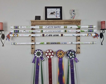 Wooden Award Display Rack:  For dog agility title bars and ribbons 36&quot; Champion 6-bar design