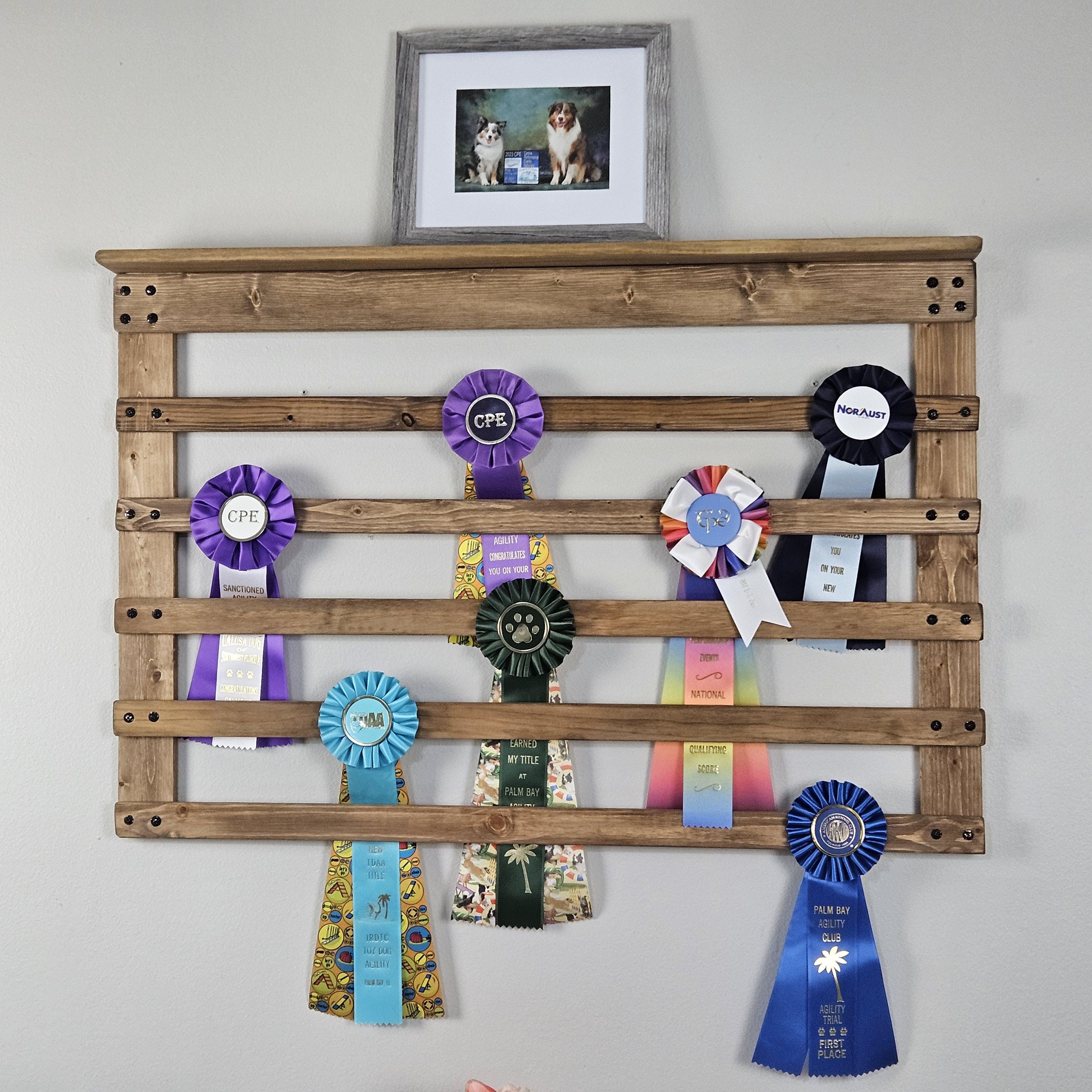 Wooden Award Display Rack:  36" for organizing rosettes earned in dog agility, equestrian events