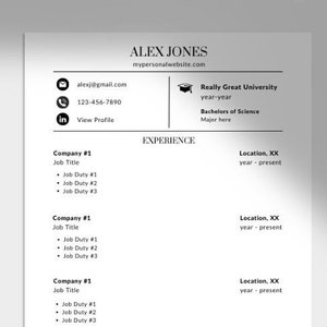 May include: A black and white resume template with the name Alex Jones at the top. The resume includes contact information, education, work experience, and skills.