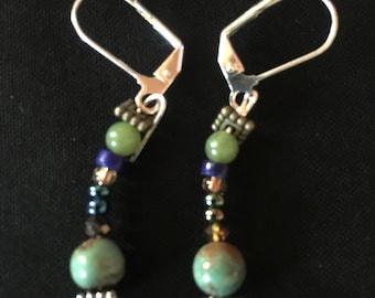 Greens and blues; jade and turquoise drop earrings