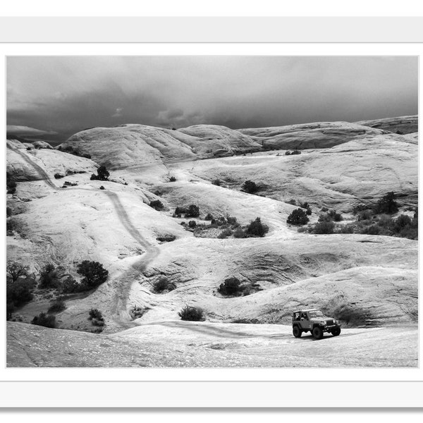 Jeep on Slickrock Moab Utah, Black & White Jeep on Rocks, Digital Print, Landscape Photograph, Instant Download, Photograph Print, Wall Art