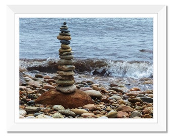 Rock Cairn on a rocky beach shoreline, Digital Print, Print at Home, Printable Wall Art, Instant Download